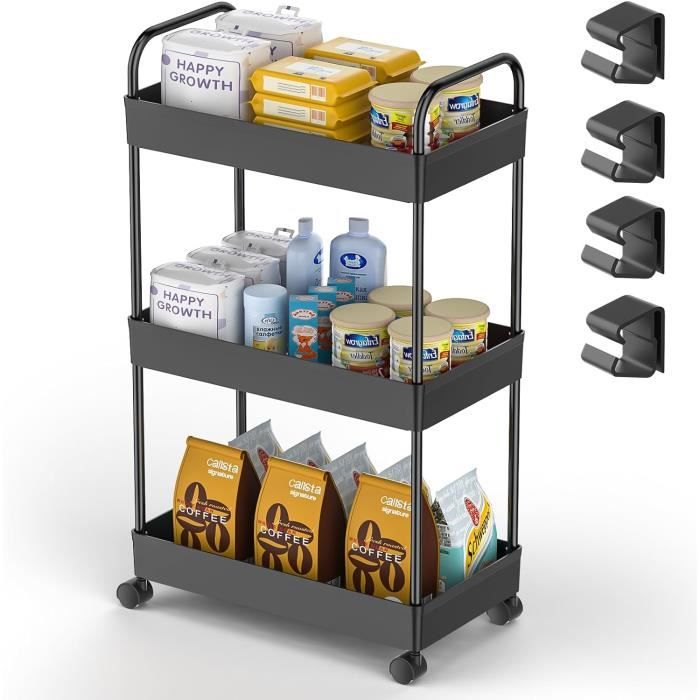 Chariot De Rangement 3 étages Avec Tiroir - Roulettes Verrouillables - Multifonction