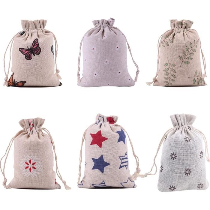 Sachets Toile de Jute, 30 Sac en Lin Imprimé avec Cordon de Serrage, Réutilisables Pochettes