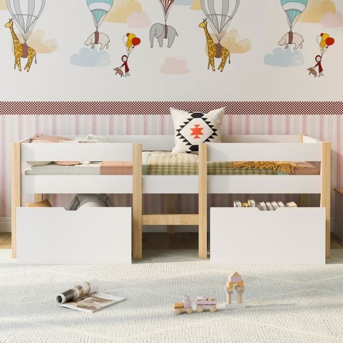 Lit enfant 90x200 cm avec 2 Tiroirs protection contre les chutes pin massif Blanc+chêne
