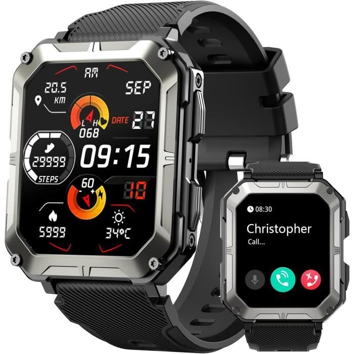 Montre Connectée Homme Militaire - Écran 1,7", Batterie 1000mAh, étanche IP68, Appels Bluetooth | 100+ Modes Sport, Fréquence Cardiaque, Oxygène Sanguin - 5