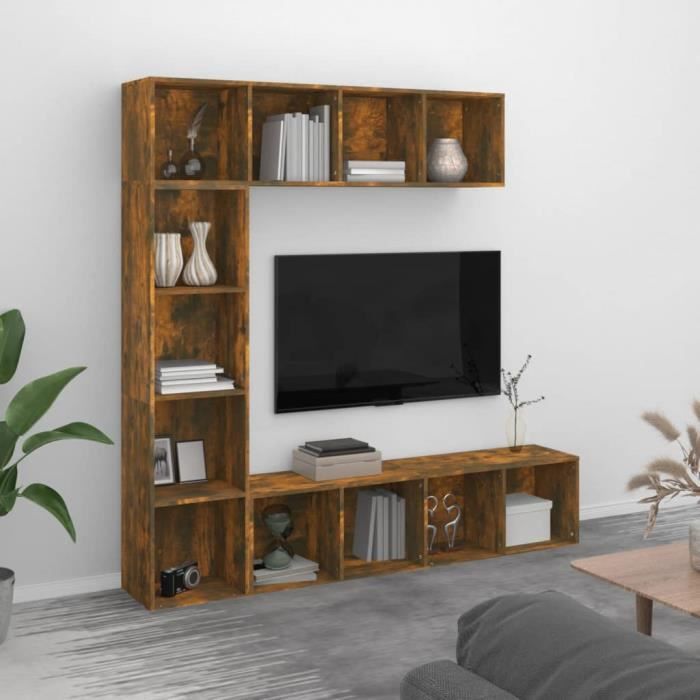 3152713 vidaXL Ensemble bibliothèque-meuble TV 3 pcs Chêne fumé 180x30x180 cm