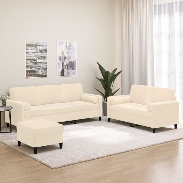 Canapé 3 Pièces VidaXL Tissu Crème - 1 Fauteuil + 2 Places + 3 Places - Cadre Acier Et Contreplaqué - Capacité 6 Personnes - 6