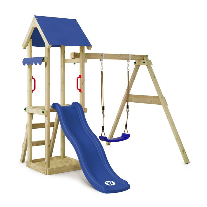 WICKEY Aire de jeux Portique bois TinyWave avec balançoire et toboggan bleu Maison enfant extérieure avec bac à sable