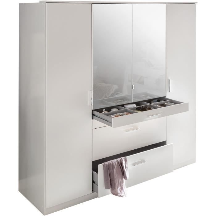 Armoire - Décor blanc - 4 portes battantes + 4 tiroirs + miroirs - L180 x P58 x H199 cm