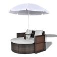Chaise longue bain de soleil Lit de jardin avec parasol Marron Résine tressée-1
