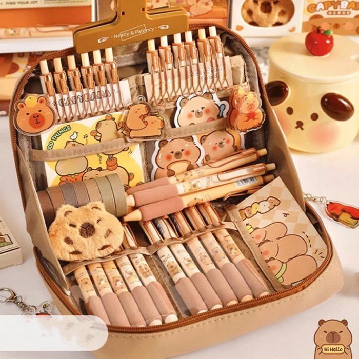 Set De Papeterie Capybara 18 Pièces - Trousse à Crayons Avec Compartiments - Cadeau Pour écoliers Et Enfants - Organisation Pratique