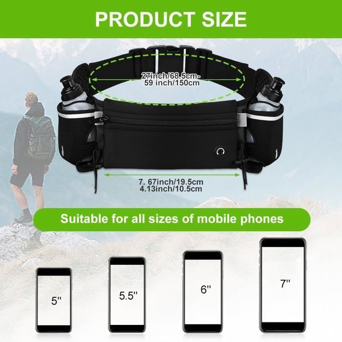 Ceinture De Course Avec Porte-bouteille – 5 Poches Zippées, Taille Réglable 80–140 Cm, Imperméable