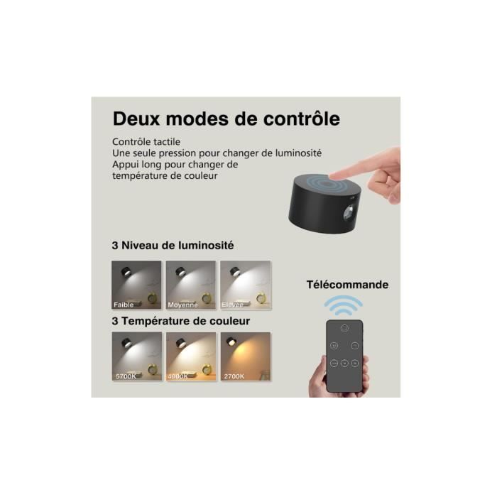 Applique Murale Sans Fil Intérieur, Lampe Murale Rechargeable Avec Double Tête, RGB Et 3 Températures De Couleur, Tactile Et Télécommande, Rotative à 360° Pour Chambre à Coucher Salon Escalier Couloir
