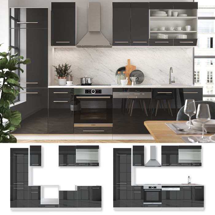 Cuisine Fame-Line, 240 cm , PT Marbre, Anthracite brillant/Chêne doré