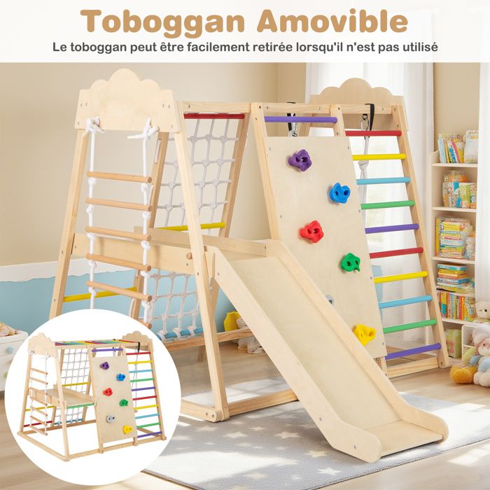 8 En 1 Aire de Jeu Montessori en Bois avec Toboggan Barre de Singe Balançoire Échelle en Corde Plateforme pour 3-5 Ans Naturel 8 En 1 Aire de Jeu Montessori en Bois avec Toboggan Barre de Singe Balançoire Échelle en Corde Plateforme pour 3-5 Ans Naturel