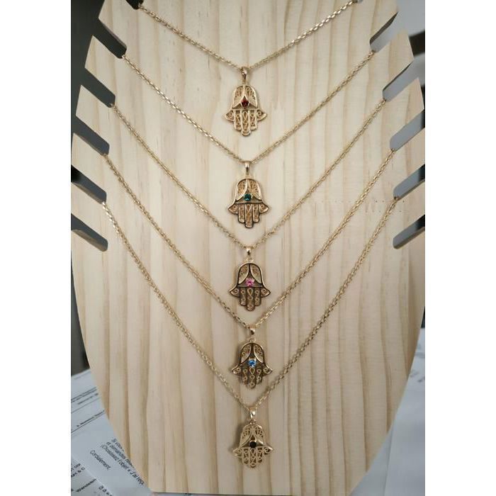 Collier Main De Fatma – Pendentif Cristal Plaqué Or Jaune 750, Longueur 46-50 Cm, Neuf Avec étiquette