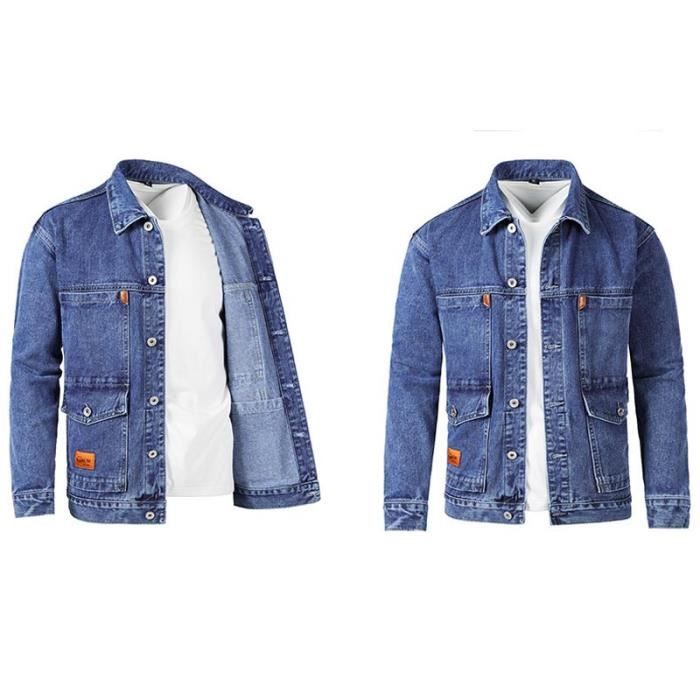 Veste En Jean Pour Homme Slim Fit Vintage - Manteau Décontracté à Manches Longues, Col Rond, Multi-poches - 7