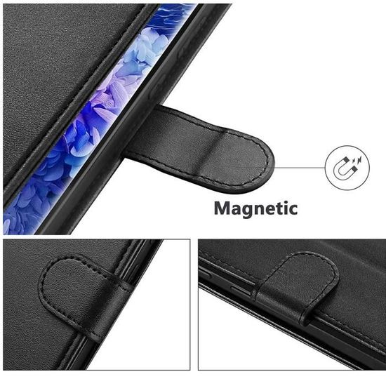 PHONILLICO Coque pour Samsung S21 FE 5G Portefeuille Noir Rabat Clapet Aimanté Rangement Cartes