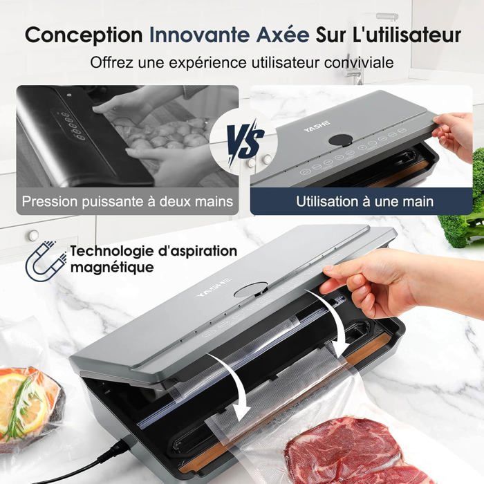 Machine Sous Vide Alimentaire 5-en-1 - Aspiration 90 KPa, Modes Sec/humide, 10 Sacs Inclus - Conservation Viande, Légumes, Fruits