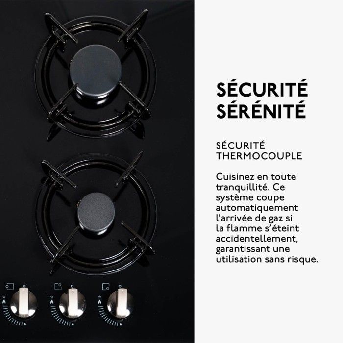 Plaque De Cuisson Gaz 3 Feux Encastrable 60cm - Verre Noir, 7750W, Compatible Gaz Ville Et Bouteille