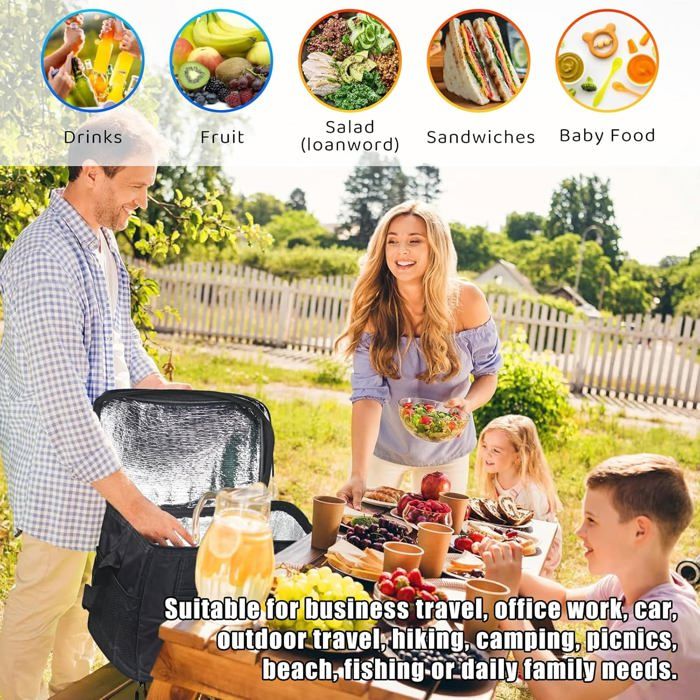 HOTUT Sac Isotherme Repas 8L - Glacière Souple Pliable Étanche Pour Pique- Nique, Camping, Voyage Et Déjeuner - Noir