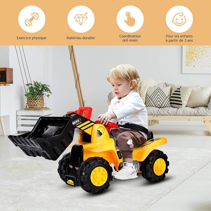 Jouet Bulldozer Porteur Enfant COSTWAY Avec Godet Réglable, Effets Sonores Et Casque - Pour Enfants 3 Ans+