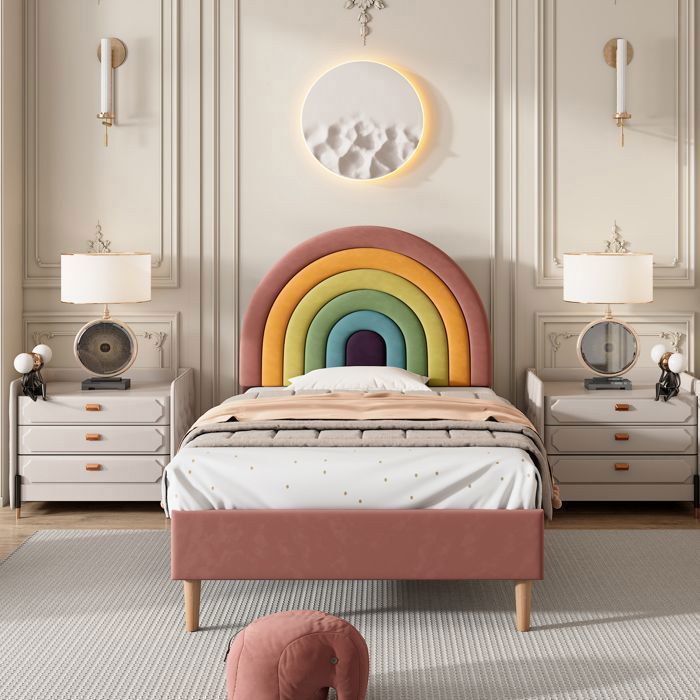 Lit Enfant 90x200cm Avec Tête De Lit Arc-en-Ciel - Tables De Chevet Intégrées - Solisburne Sans Matelas - 10