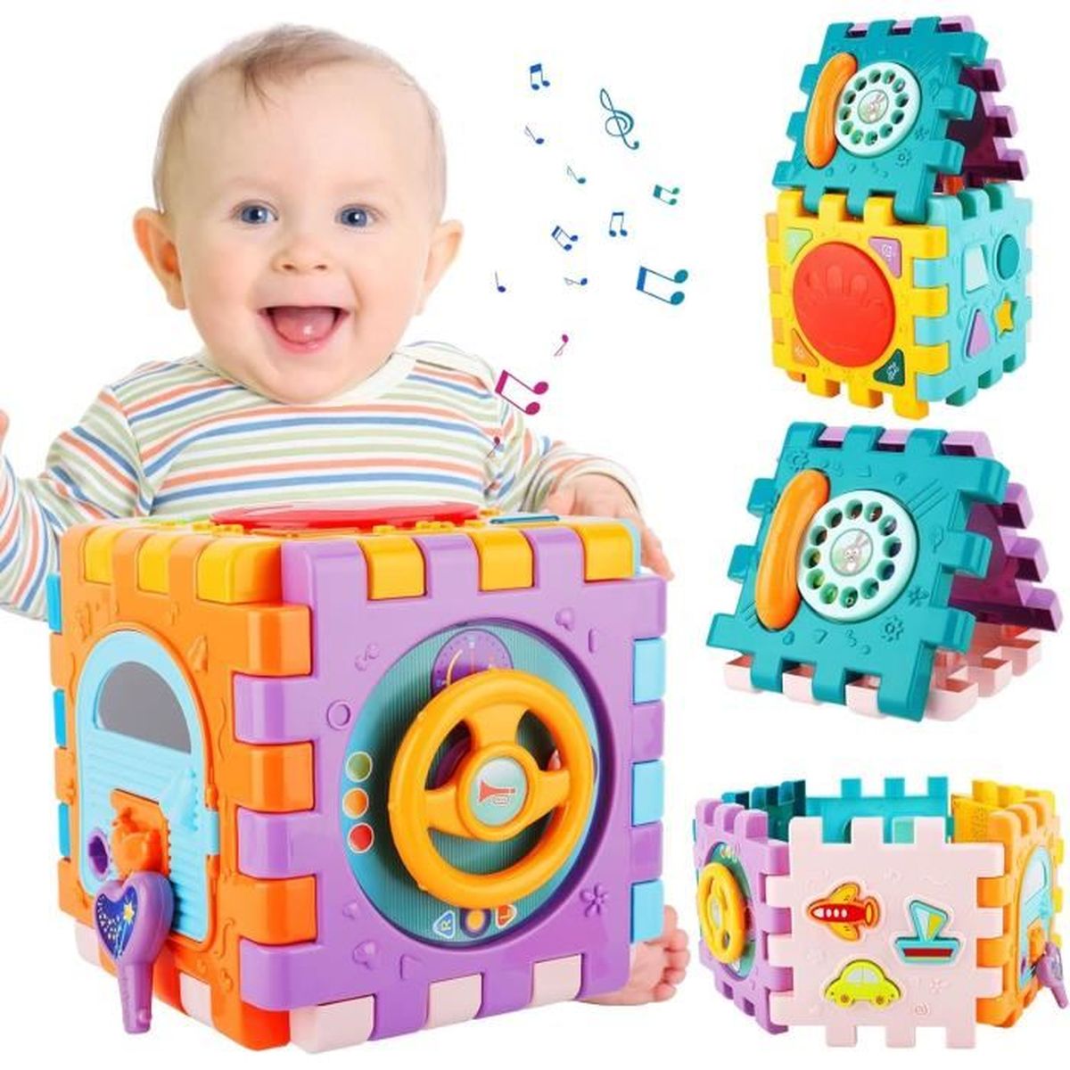 Boîte à Mouchoirs Sensorielle Bébé - Jouet Montessori 3 Mois+, 6 Feuilles à Tirer, Miroir, Sons, Éveil Sensoriel