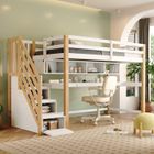 JAERLIUB Lit Mezzanine Enfant 90x200cm avec Escalier de Rangement, Lit Superpose en Bois de Pin avec Grand Bureau et Etagères Blanc et Chêne