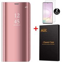 Coque Samsung Note 20 + [2 Pack] Verre trempé, Miroir Flip Case avec Stand Housse Protection Étui pour Galaxy Note 20, Or Rose