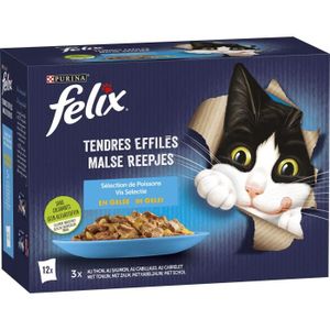 BOITES - PATÉES FELIX Tendres Effilés en Gelée Poissons - 12 x 85 g - Sachets repas pour chat adulte