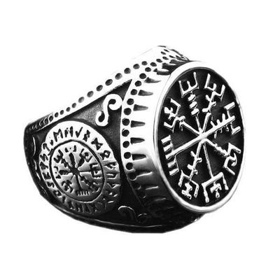Bague chevalière homme acier boussole nordique Vegvisir navire