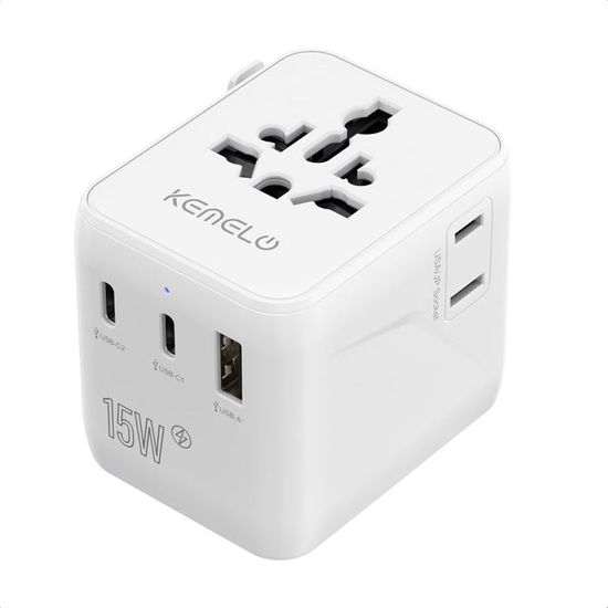 Adaptateur Voyage Universel 25W - 5 En 1 Avec 2 USB-C, 2 USB-A, Prise Multiple - Pour USA, UE, UK, Australie…