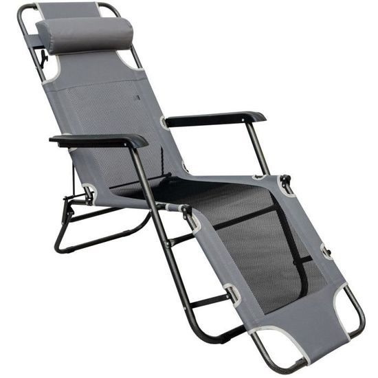 Chaise Longue Pliable pour camping et jardin | Transat Inclinable avec repose-tête | Structure en acier | Poids max supporté 120 ...
