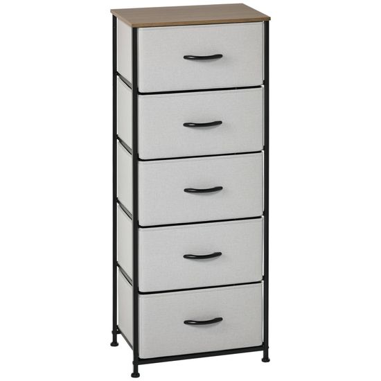 HOMCOM Commode 5 Tiroirs Tissu - Meuble Rangement Chambre Salon Effet Bois Gris Avec Étageres Ouvertes