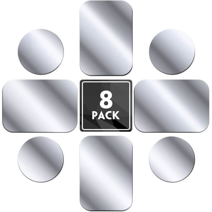Plaques de métal Lot de 8 pour Support téléphone voiture magnétique 4 rondes et 4 rectangles MENNYO Plaque de métal mince avec Adhésif pour Aimant de téléphone 