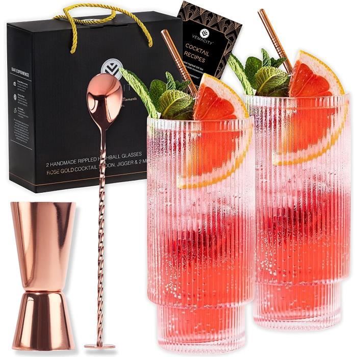 Ensemble de Verre Gin Tonic Highball avec Accessoires Cocktail en Or