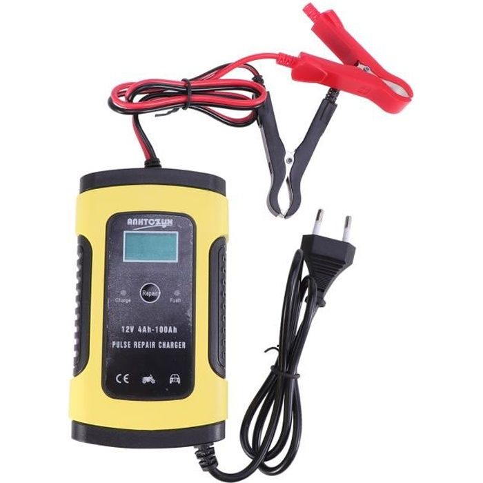 Chargeur de batterie - automatique pour moto, chargeur de voiture 12V 6A avec prise UE (jaune)