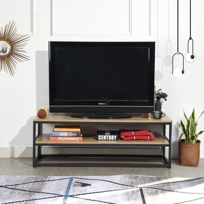 MEUBLES COSY Meuble TV Multifonction Table basse d'appoint 120x40x42cm Design 3 Tablettes en Panneau Bois Chêne et Métal Peint Noir