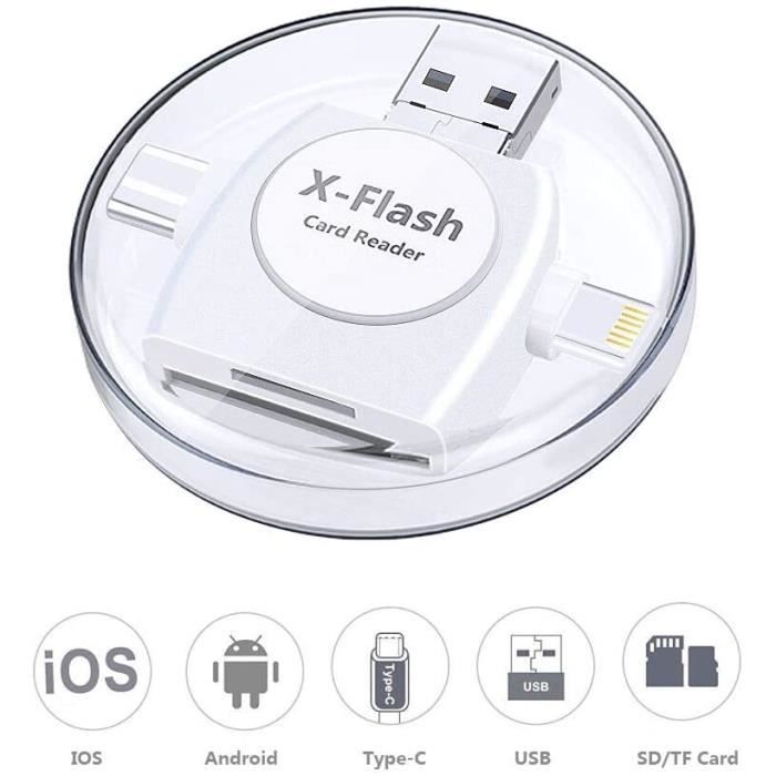 Lecteur Carte SD, Lecteur de Carte Mémoire 4 en 1 Lightning/USB 3.0/Type C/Micro USB Adaptateur Carte SD Mémoire pour iPhone/PC/Macb