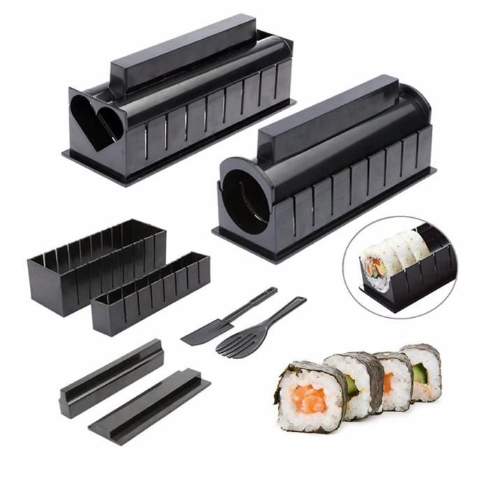 10PCS Kit Sushi Maki Complet, Cuisine Machine Sushi Maker Ustensiles avec Couteau + Tapis Rouleaux pour Makis/Sushis Bien Ronds
