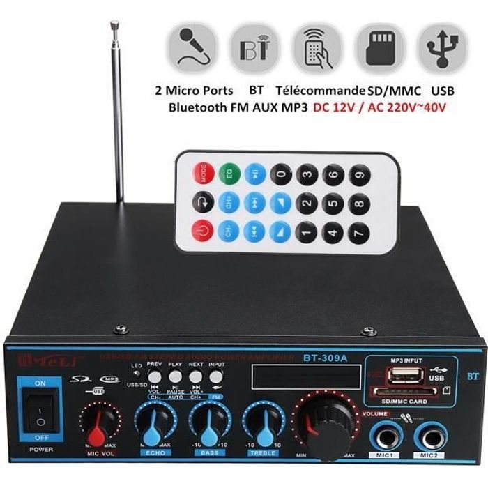 Bluetooth Amplificateur Hi-Fi Stéréo 12V-220V FM USB SD MP3 Audio Lecteur - Ampli Maison Voiture Auto 400W+400W