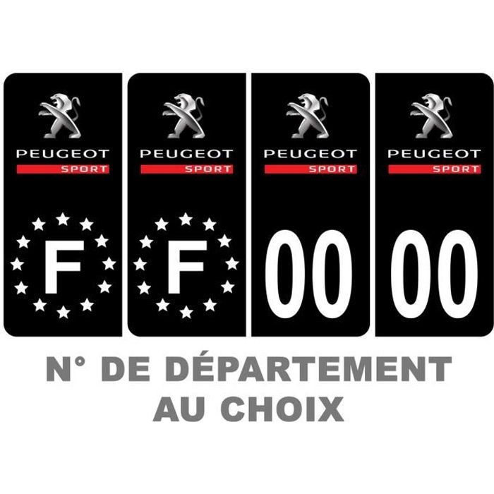 Pack 2 paires Autocollant Stickers Plaque d'immatriculation Prenium Peugeot Sport Noir - Numéro Personnalisé