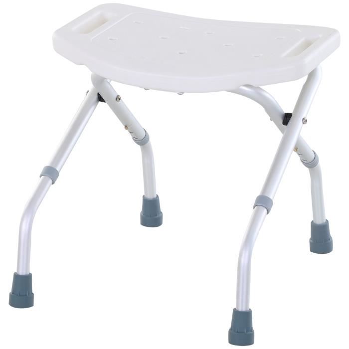 Tabouret de douche réglable en hauteur siège de douche ergonomique pieds antidérapants charge max. 136 Kg alu HDPE blanc 43x53x48cm
