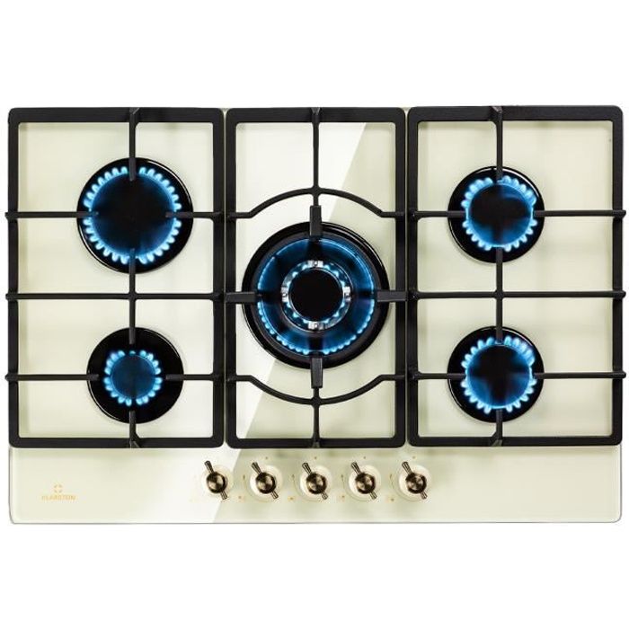 Plaque gaz 5 feux encastrable - Klarstein - 75 cm - tables de cuisson vitrocéramique - plaque de cuisson gaz - cuisinière - beige