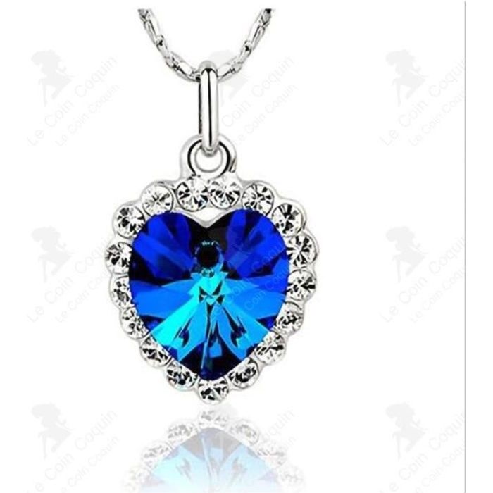 LCC® Collier-pendentif femme argent plaqué Or blanc Cristal Swarovski Coeur de l'Océan du film Titanic-Bleu fonce-Cadeau classique