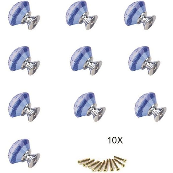 10 Pièces 30mm Bleu Boutons de Porte en Cristal Transparent Brillant, Alliage de Zinc Poignée de tiroir avec Vis pour Meubles
