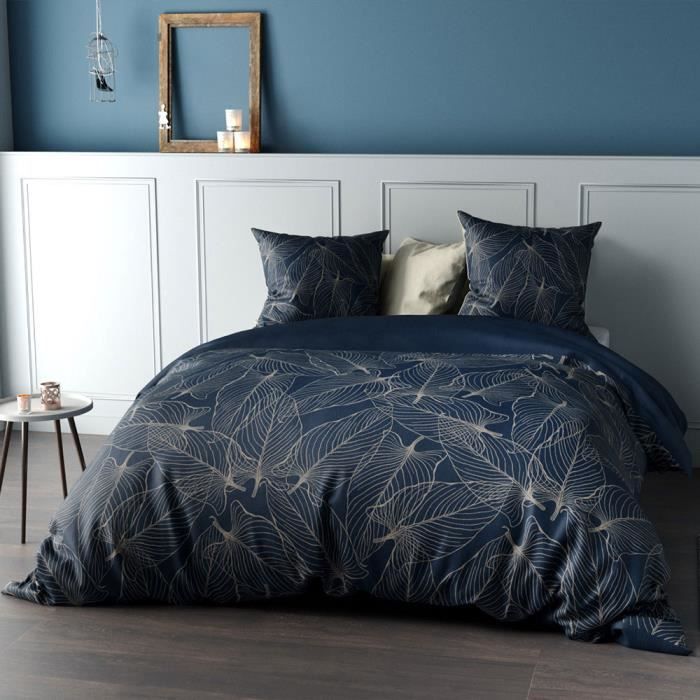 Parure de couette réversible en Percale de coton Feuille (Bleu Foncé - 200 x 200 cm)