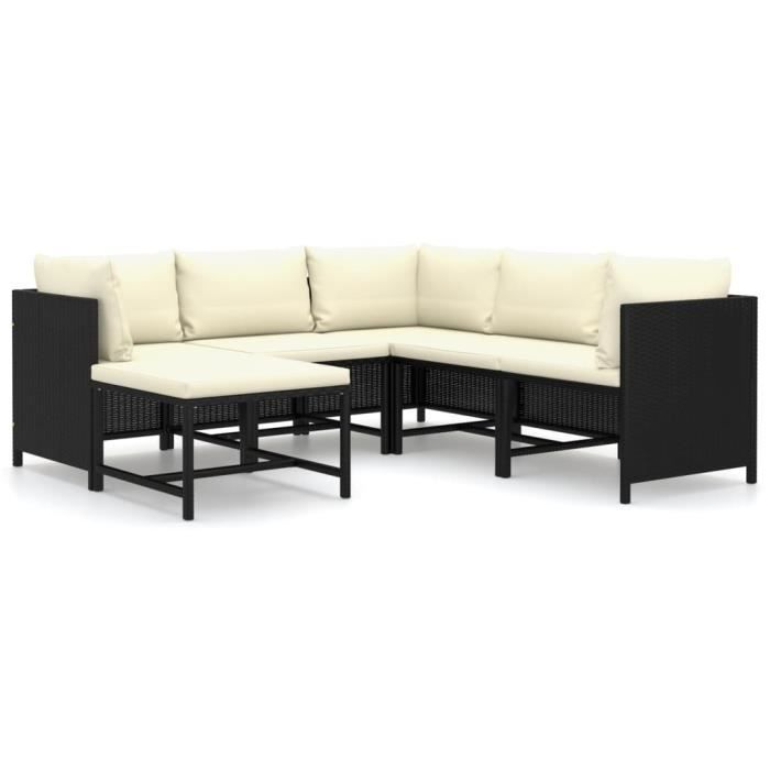 Salon de jardin 6 pcs avec coussins Résine tressée Noir