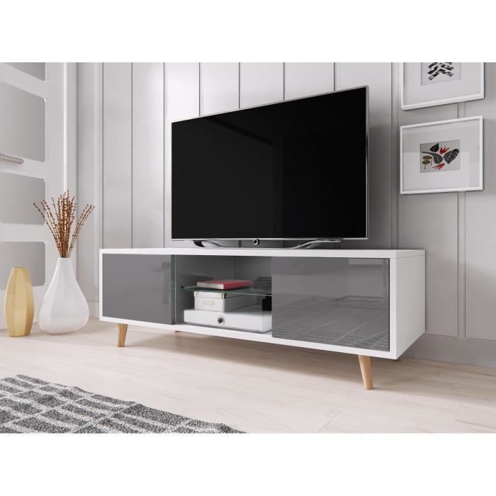 VIVALDI Meuble TV - SWEDEN - 140 cm - blanc mat / gris brillant sans LED - style scandinave