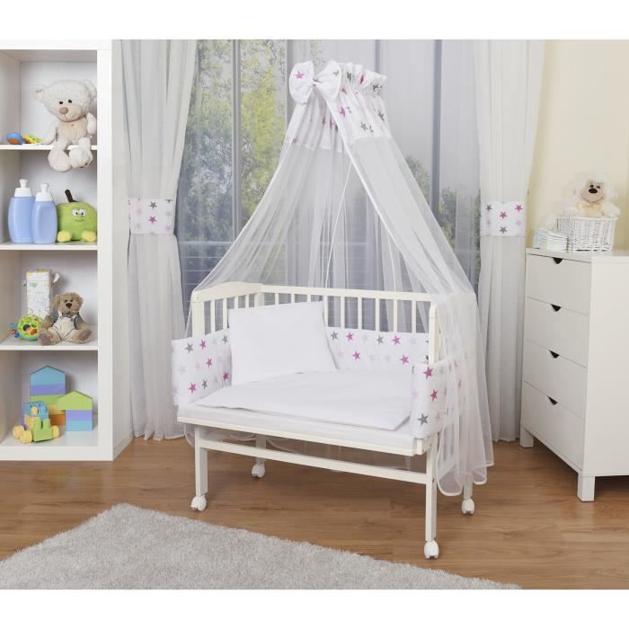 WALDIN Lit cododo berceau tout équipé pour bébé,bois non traité,16 modèles disponibles [Etoiles gris/rose, Peint en blanc]