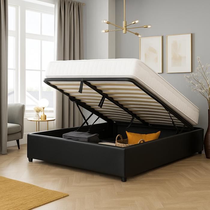 Sommier Coffre Vegas - 90x190 cm - Simili cuir Noir - Grand espace de stockage