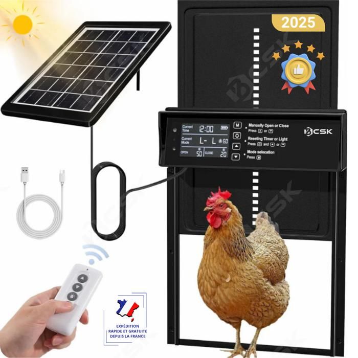 Comparer les prix de Porte automatique de poulailler Solaire BCSK® | Avec minuterie d’ouverture – Anti-pincement - Etanche IPX6 – Télécommande sans fil