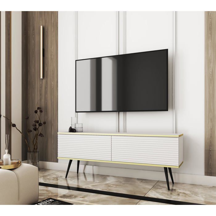 Meuble TV Avec Lamelles Blanc pieds Noir 135 x 30 x 52 cm Push to Open