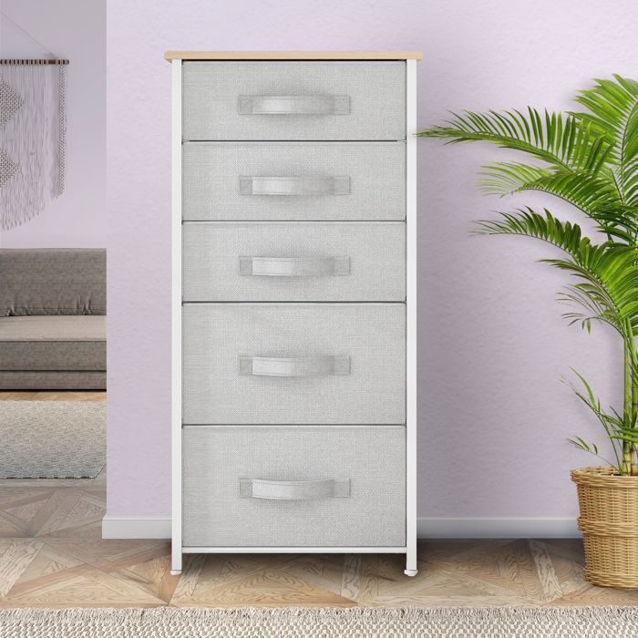YITAHOME Commode 5 Tiroirs En Tissu - 100x30x55cm - Rangement Chambre, Salon - Dessus En Bois - Gris Clair